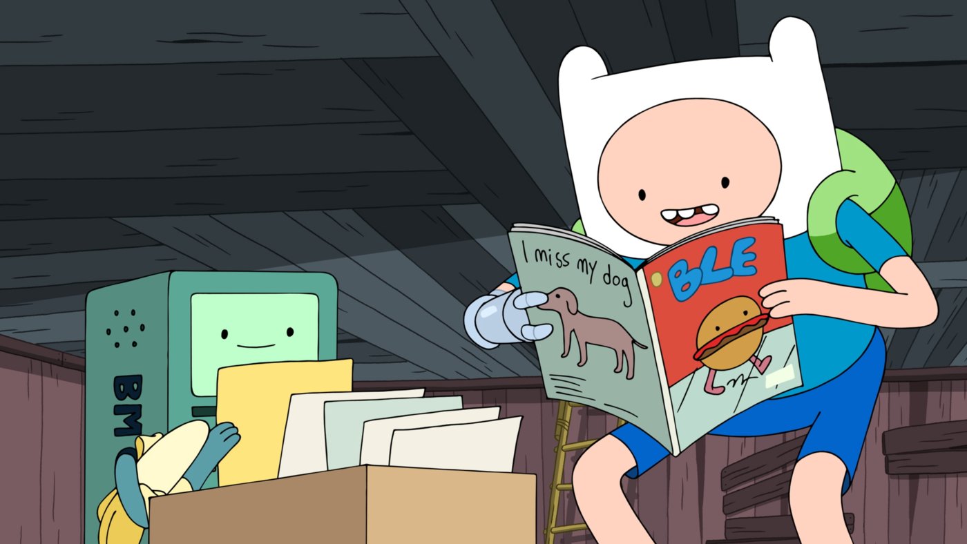 Finn and Bemo explore books on Adventure Time (from Season 9)