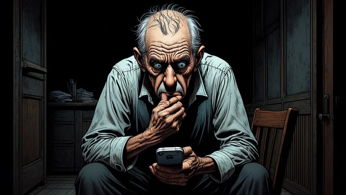 A nervous old man sits in a dimly lit room biting his fingernails while staring intently at his mobile phone. The man wears a wrinkled shirt and has thinning grey hair. His face is deeply lined with prominent nose and furrowed brow, showing an anxious expression. The room contains a simple wooden chair where he sits, with dark shadows in the corners.